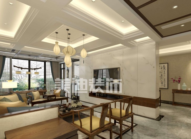 湘麓國際別墅新中式裝修效果圖-客廳