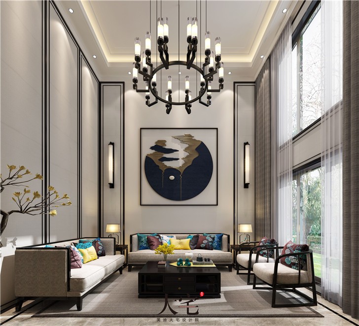 天麓尚層250平別墅東方雅韻風(fēng)裝修案例圖—客廳