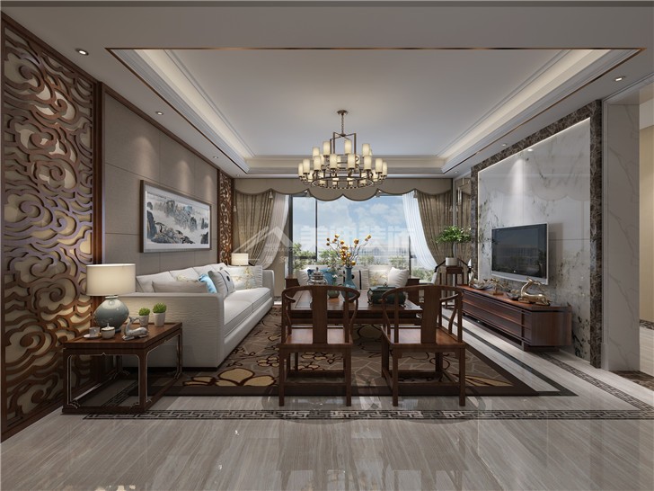 早安星城新中式風(fēng)裝修案例圖—客廳