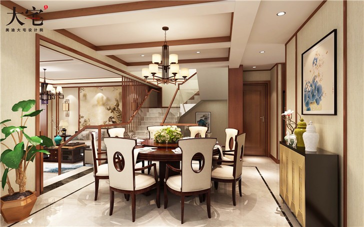 麓山別墅306平新中式風(fēng)裝修案例圖—餐廳