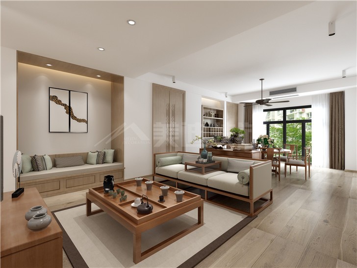 青園小區(qū)130平新中式風(fēng)裝修案例圖—客廳