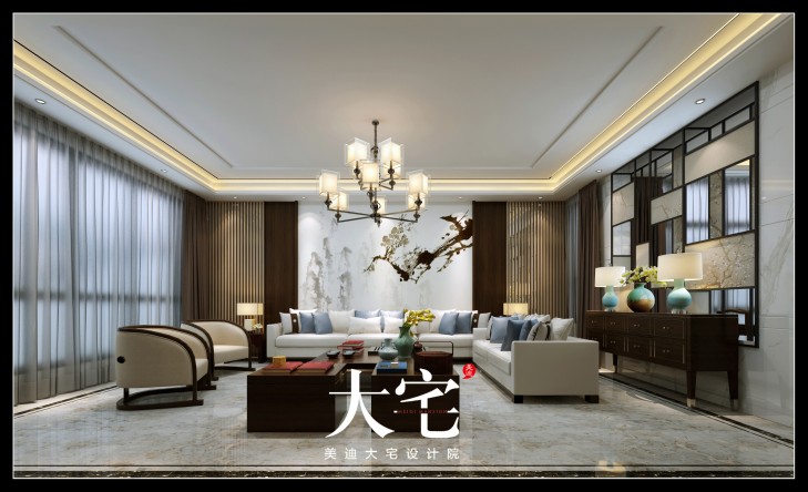 新中式300平米效果圖--客廳