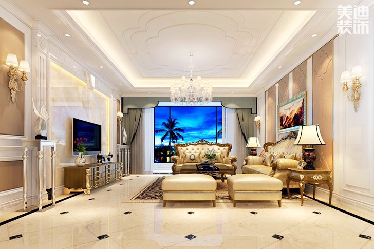 金茂梅溪湖136平方歐式風(fēng)格案例效果圖--客廳