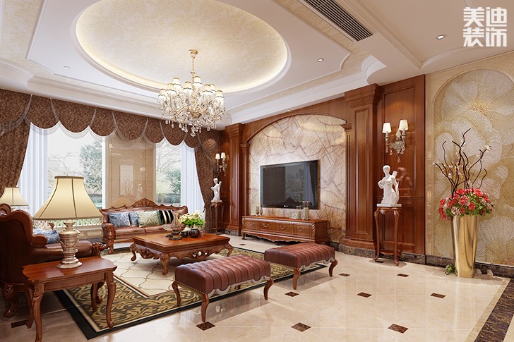 花明樓360平米美式混搭案例效果圖--客廳