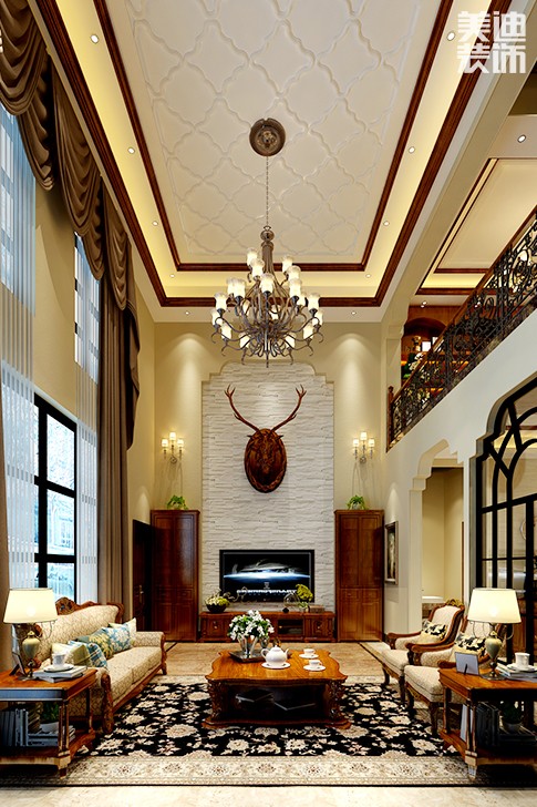 岳陽美濃小鎮(zhèn)300平別墅歐式裝修風(fēng)格效果圖--客廳挑空鏡頭1