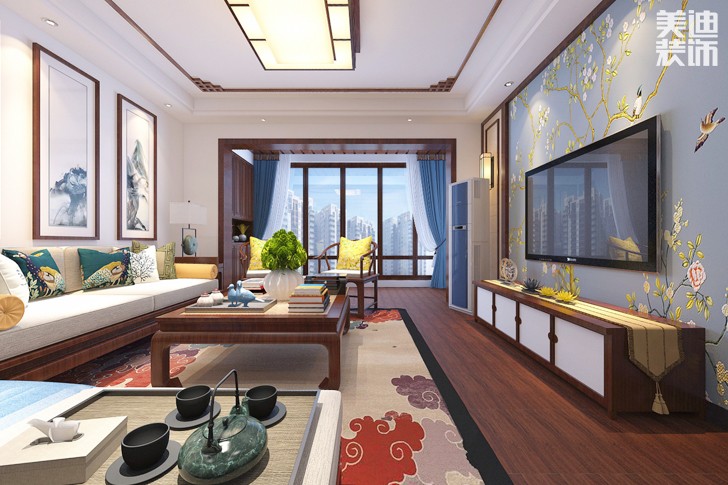 紫金灣160平米新中式案例圖--客廳