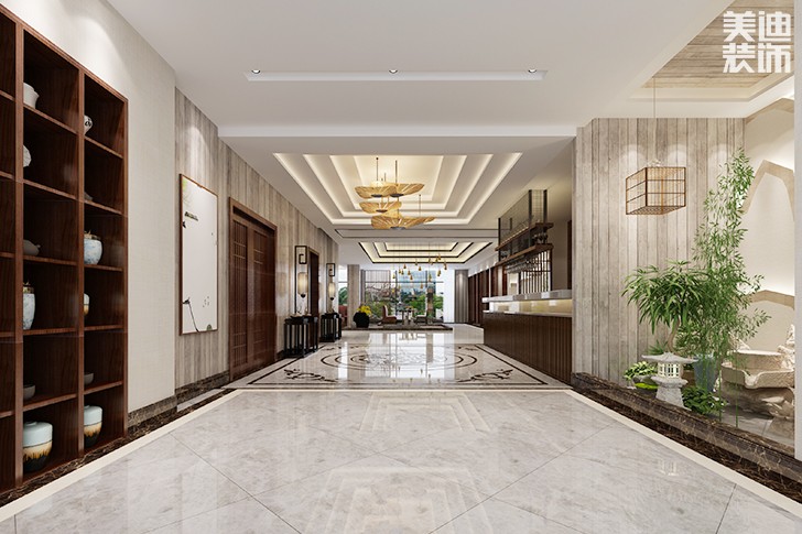 西維咖啡慕茗緣店1800平米新中式風(fēng)格效果圖--進(jìn)門吧臺區(qū)大廳