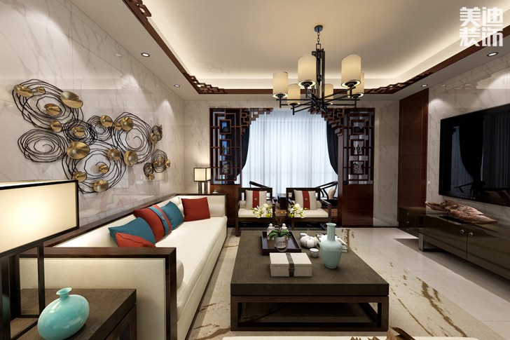 金地自在城120平米新中式風(fēng)格裝修效果圖--客廳