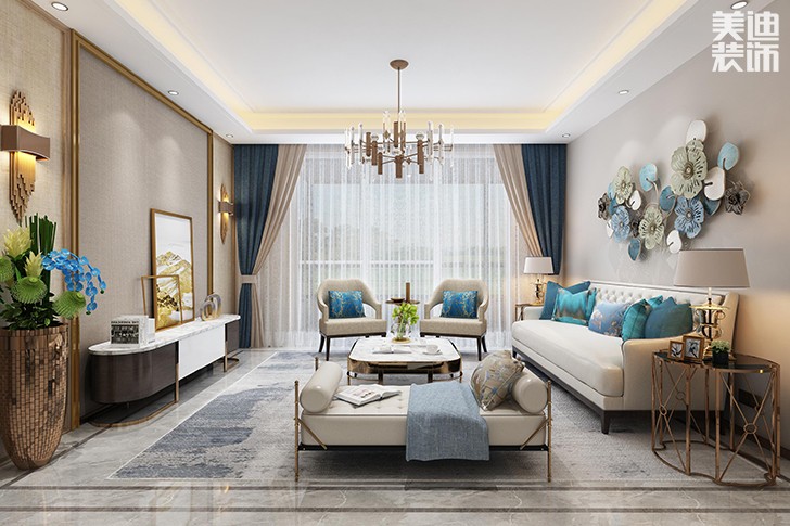 新華聯(lián)夢想城109平港式輕奢風(fēng)裝修案例效果圖--客廳