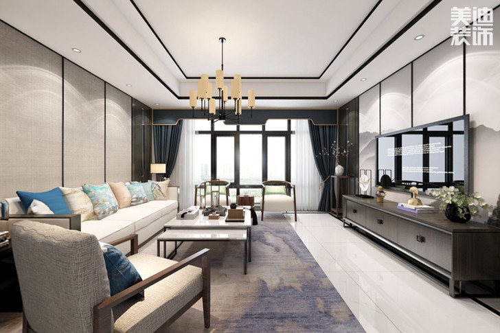 新時代廣場128平新中式裝修案例實拍圖--客廳