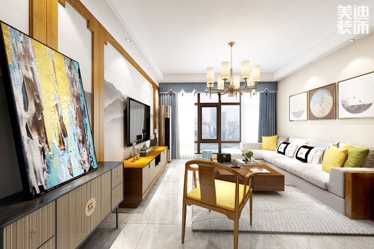 長(zhǎng)盛嵐庭125新中式風(fēng)格裝修效果圖--客廳