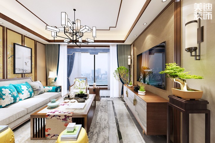 長房云時代130平米新中式風格裝修效果圖--客廳