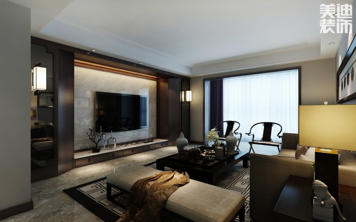 蘭僑公館320平米新中式風(fēng)格裝修案例效果圖--客廳