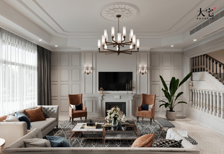 格蘭小鎮(zhèn)430平方米輕奢法式風(fēng)格案例效果圖-客廳