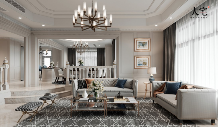 格蘭小鎮(zhèn)430平方米輕奢法式風(fēng)格案例效果圖-客廳