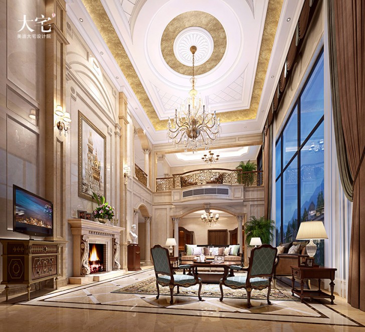 寧鄉(xiāng)自建別墅1000平方米美式風(fēng)格案例效果圖-客廳