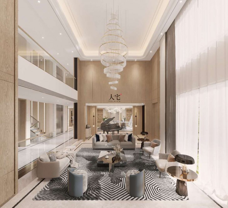 龍湖湘風(fēng)原著1248平方米現(xiàn)代輕奢風(fēng)格案例效果圖-客廳