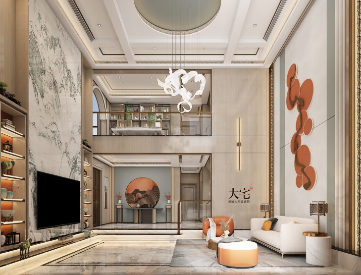 龍湖湘風(fēng)原著260平方米簡(jiǎn)美風(fēng)格案例效果圖-客廳