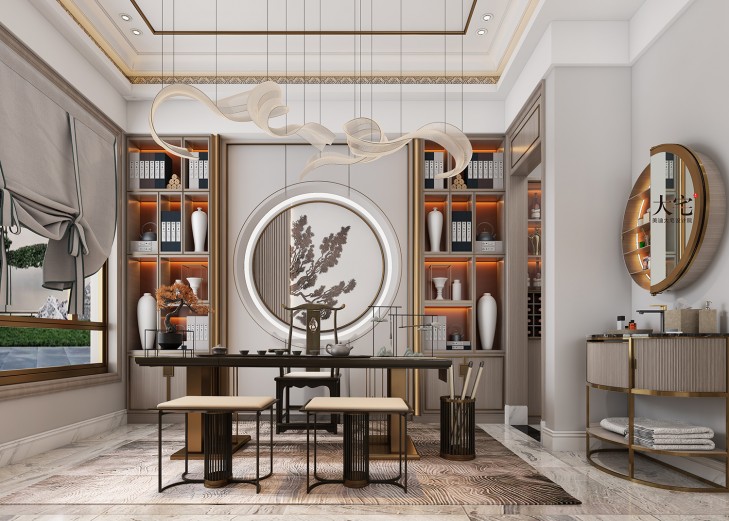 龍湖湘風(fēng)原著260平方米簡(jiǎn)美風(fēng)格案例效果圖-茶室