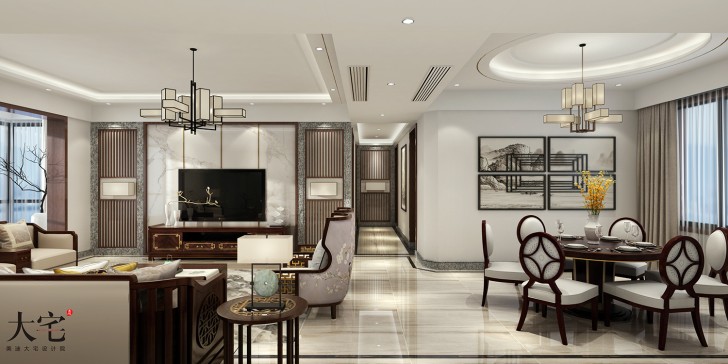 北辰三角洲170平方米新中式風格案例效果圖-客廳