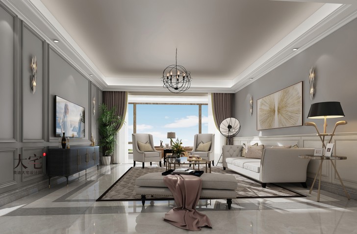 湘江壹號220平方米簡美風格案例效果圖-客廳