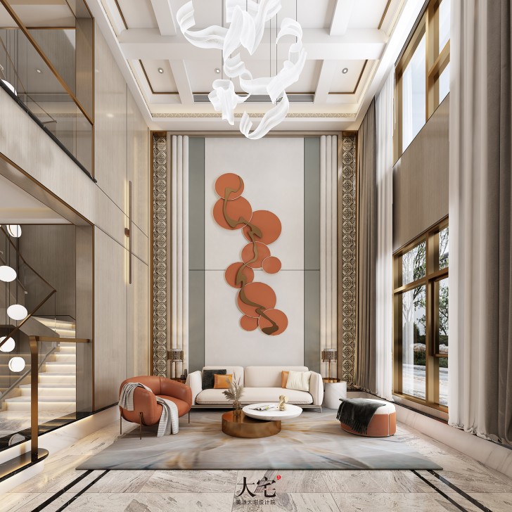 龍湖湘風(fēng)原著260平方米簡(jiǎn)美風(fēng)格案例效果圖-客廳