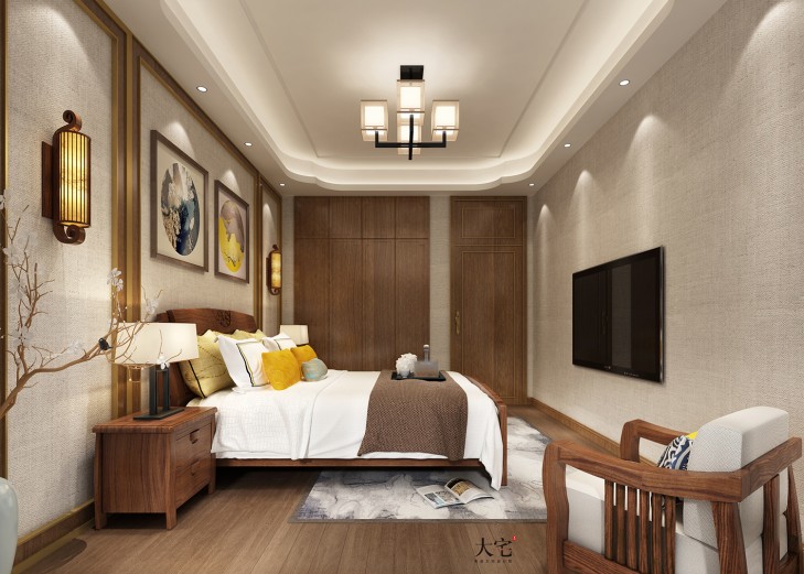 盧浮原著580平方米新中式風格案例效果圖-臥室