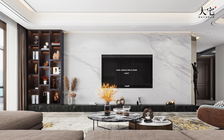 湘江壹號(hào)245平方米意式輕奢風(fēng)格案例效果圖-客廳