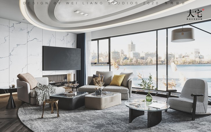 保利天禧240平方米現(xiàn)代極簡(jiǎn)風(fēng)格案例效果圖-客廳