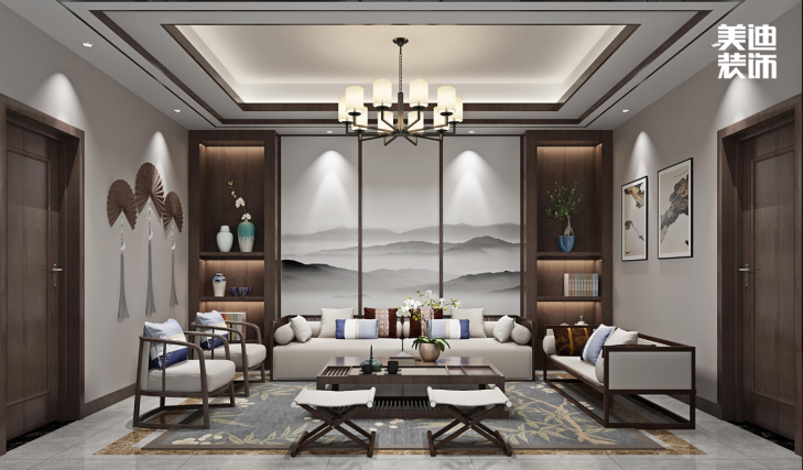 九龍領(lǐng)仕匯430㎡新中式風(fēng)格案例效果圖—客廳