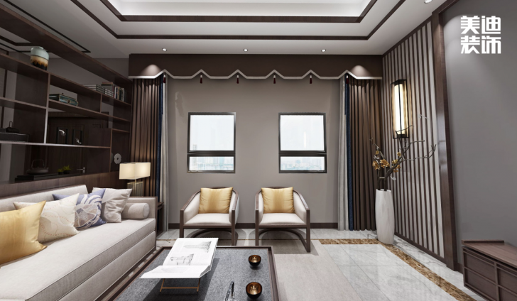 九龍領(lǐng)仕匯430㎡新中式風(fēng)格案例效果圖—客廳