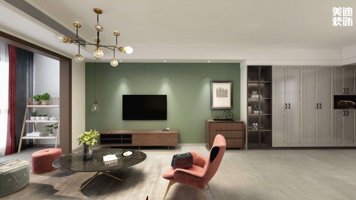 時(shí)代港灣89㎡復(fù)古風(fēng)格案例效果圖-客廳