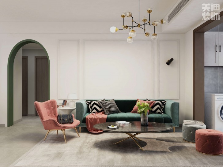 時(shí)代港灣89㎡復(fù)古風(fēng)格案例效果圖-客廳