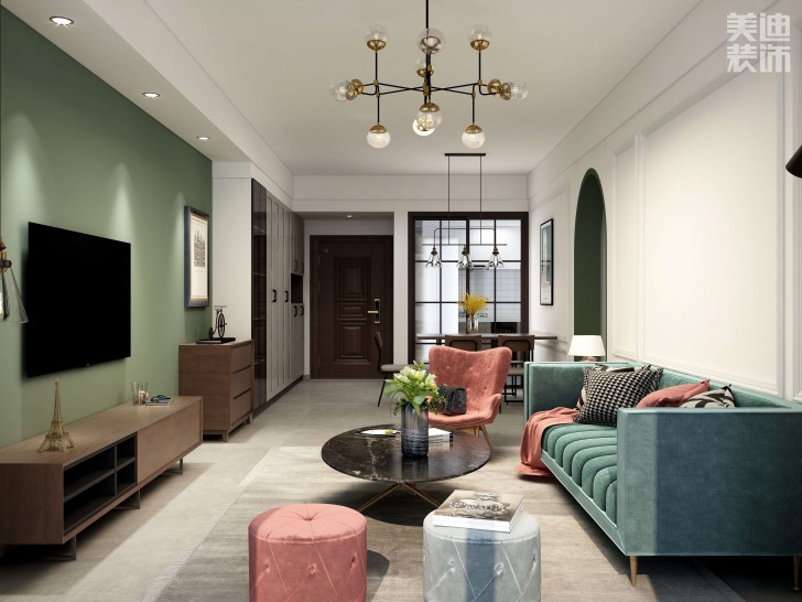 時(shí)代港灣89㎡復(fù)古風(fēng)格案例效果圖-客廳