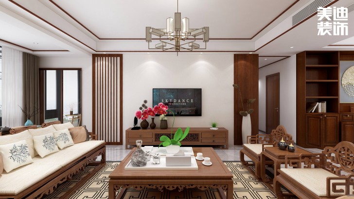 合能楓丹麗舍140㎡中式風(fēng)格案例效果圖—客廳
