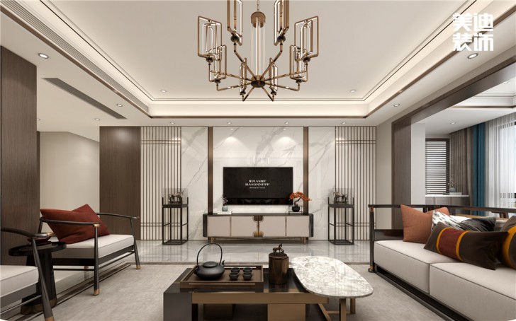 華都202㎡新中式輕奢風格案例效果圖—客廳