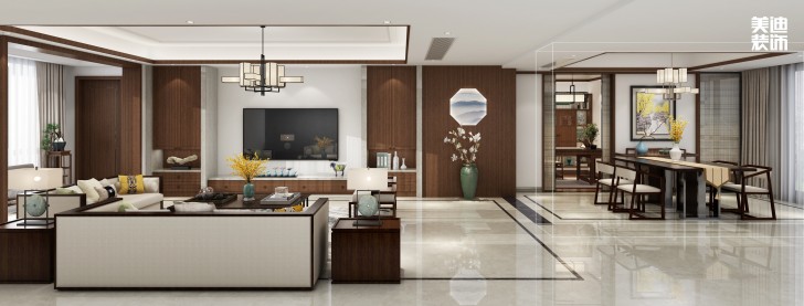 龍橋御園400㎡簡中風格案例效果圖—客廳