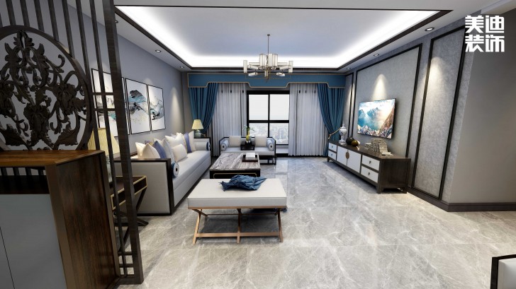 御文臺(tái)133㎡新中式風(fēng)裝修案例效果圖-客廳