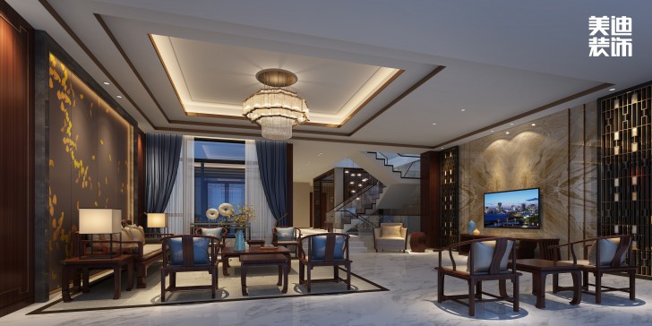 華發(fā)世紀(jì)城430㎡新中式風(fēng)裝修案例效果圖-客廳