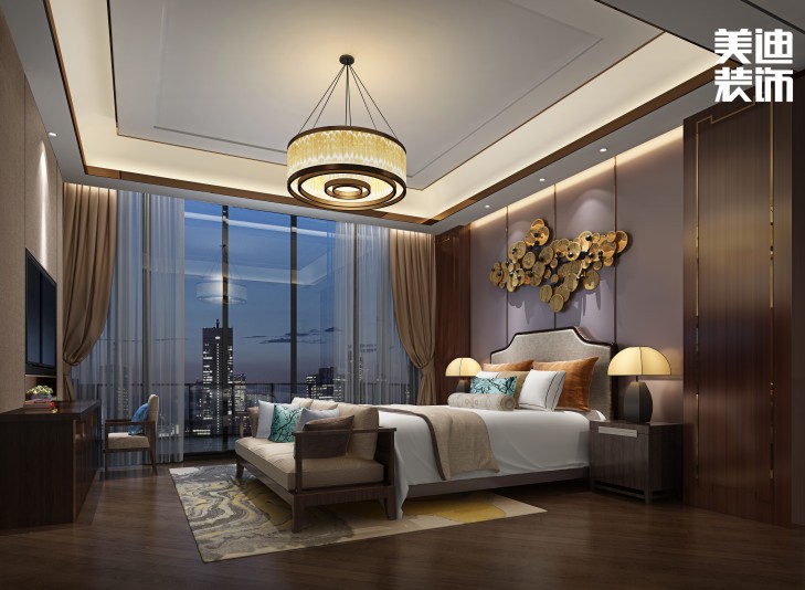 華發(fā)世紀(jì)城430㎡新中式風(fēng)裝修案例效果圖-臥室