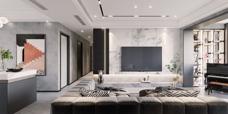 長沙裝修公司美迪裝飾-明昇壹城140平米現(xiàn)代風格造價30萬	