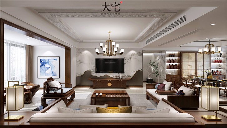 江山一號(hào)190平新中式風(fēng)裝修案例圖—客廳